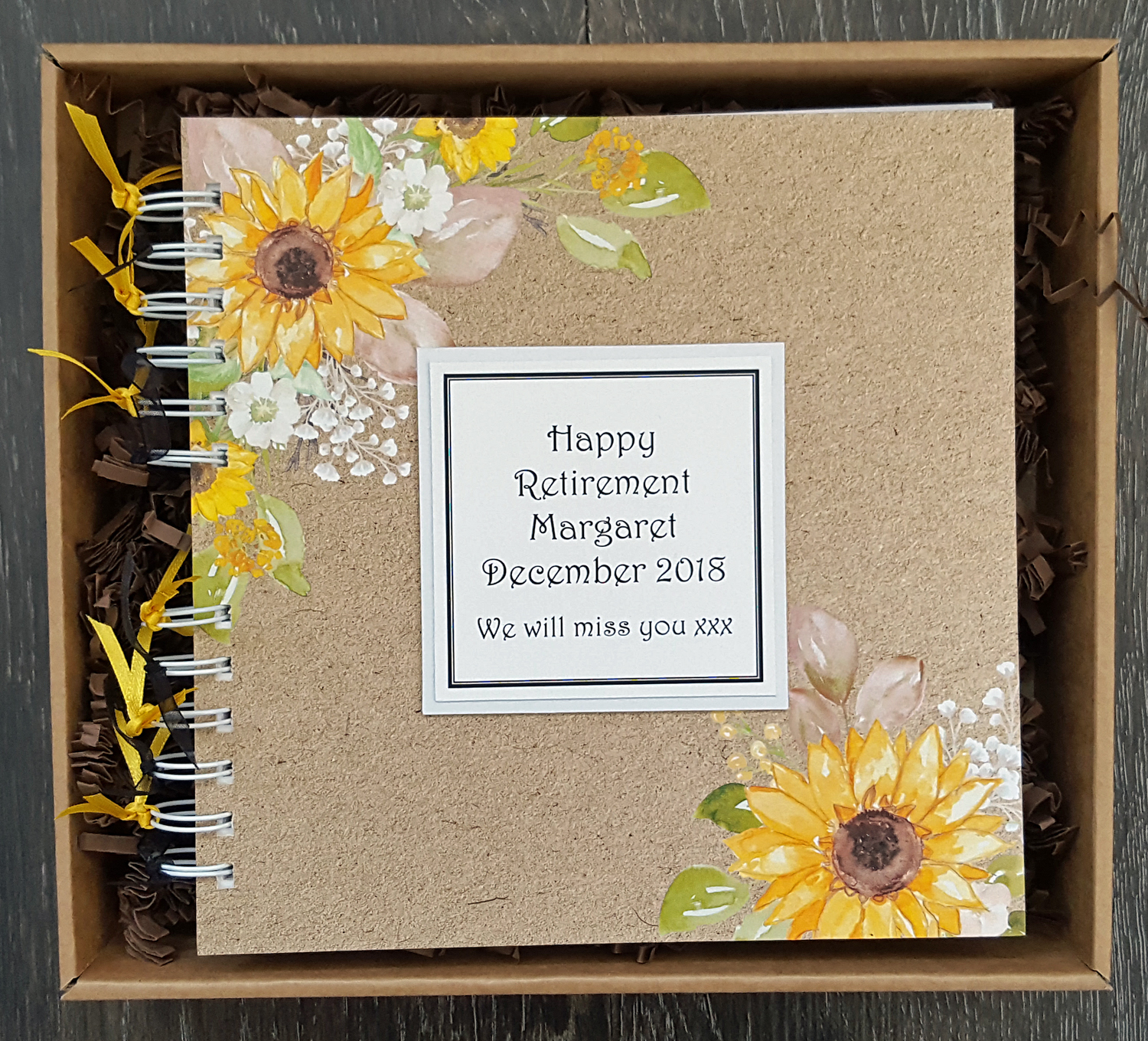 Retirement memory book, sunflower design, 8″ x 8″ scrapbook in gift box